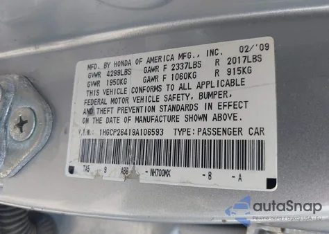 2009 Honda Accord 2.4 Lx-P from USA, damaged, VIN 1HGCP26419A106593